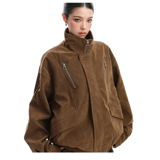 美式美拉德立領麂皮絨工裝外套女秋冬夾棉厚寬松棉服夾克