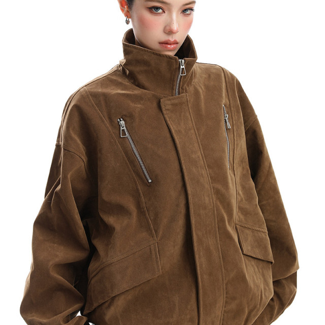 美式美拉德立領麂皮絨工裝外套女秋冬夾棉厚寬松棉服夾克