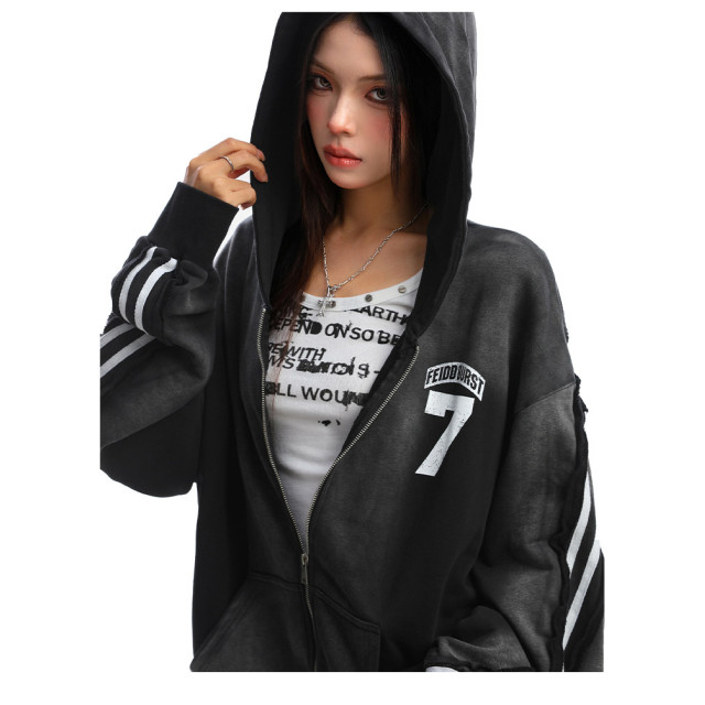 美式水洗做舊字母杠條連帽衛衣女秋冬情侶寬松開衫外套潮