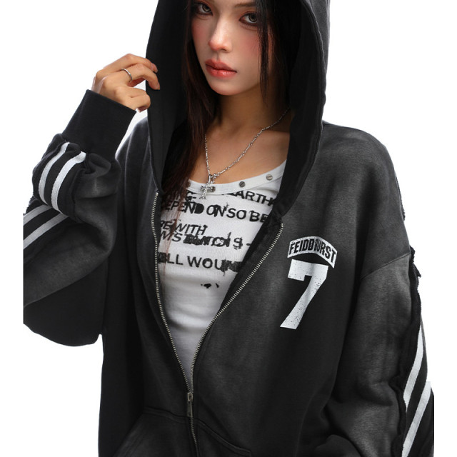 美式水洗做舊字母杠條連帽衛衣女秋冬情侶寬松開衫外套潮