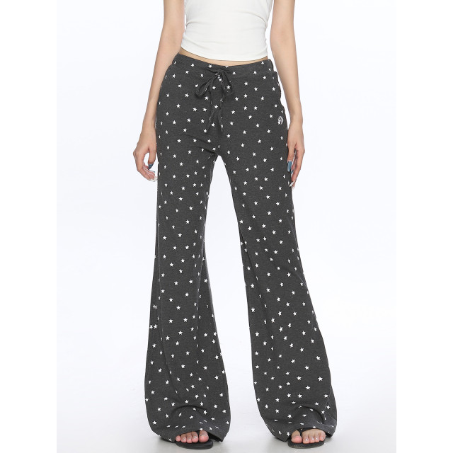 美式星星滿印微喇休閑褲女慵懶風百搭垂感拖地顯瘦長褲ins