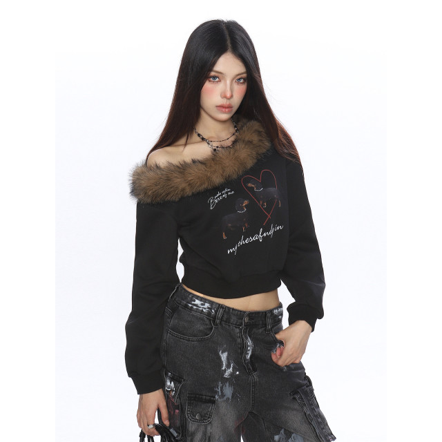 辣妹臘腸狗可拆卸毛領斜肩衛衣女秋冬設計感顯瘦露肩上衣