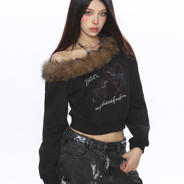 辣妹臘腸狗可拆卸毛領斜肩衛衣女秋冬設計感顯瘦露肩上衣