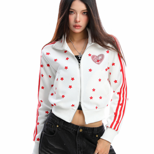 美式燙鉆星星杠條立領衛衣女秋季設計感顯瘦短款拉鏈外套