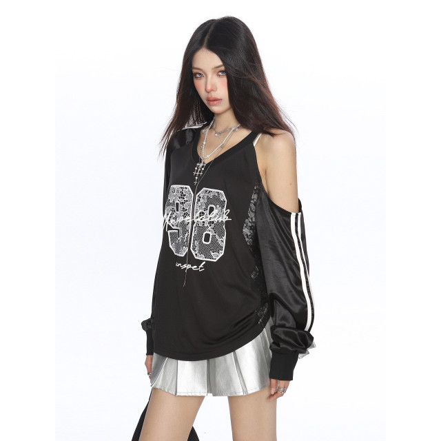 辣妹蕾絲字母露肩v領長袖衛衣女秋季寬松顯瘦運動球衣上衣