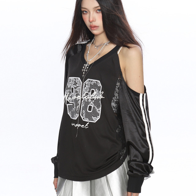 辣妹蕾絲字母露肩v領長袖衛衣女秋季寬松顯瘦運動球衣上衣