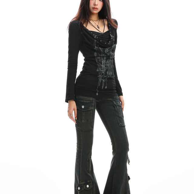 亞文化蕾絲蕩領塗鴉長袖T恤女秋季輕亞風y2k假兩件上衣潮