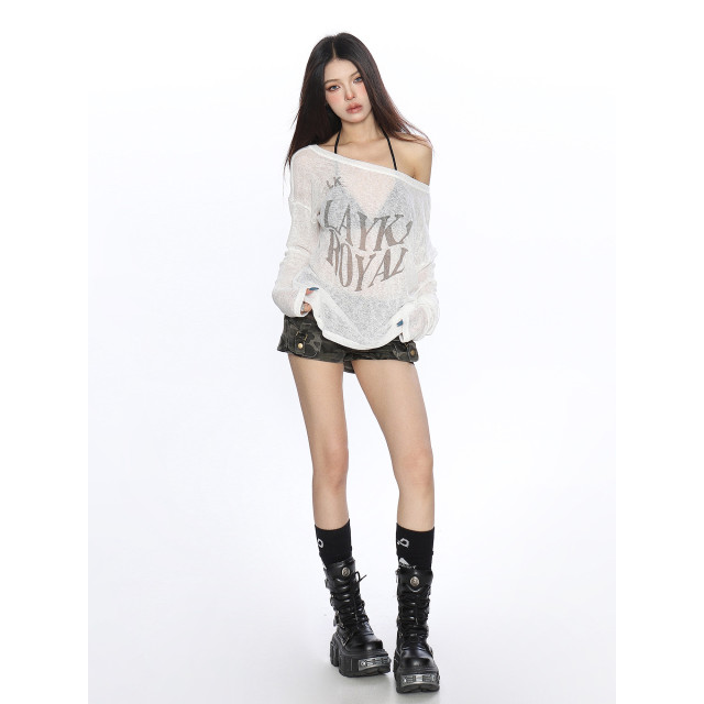 美式慵懶風斜肩長袖T恤女夏季薄款透氣空調衫防曬罩衫上衣