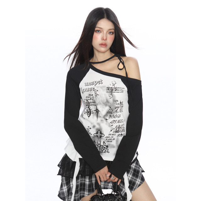 輕亞風塗鴉斜肩系帶流蘇長袖T恤女秋季辣媽漏肩內搭上衣潮