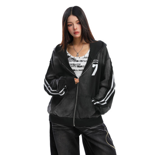 美式水洗做舊字母杠條連帽衛衣女秋冬情侶寬松開衫外套潮