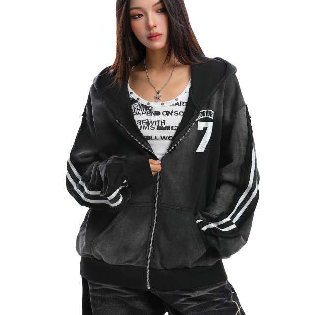美式水洗做舊字母杠條連帽衛衣女秋冬情侶寬松開衫外套潮