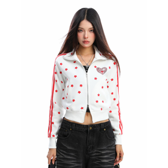 美式燙鉆星星杠條立領衛衣女秋季設計感顯瘦短款拉鏈外套