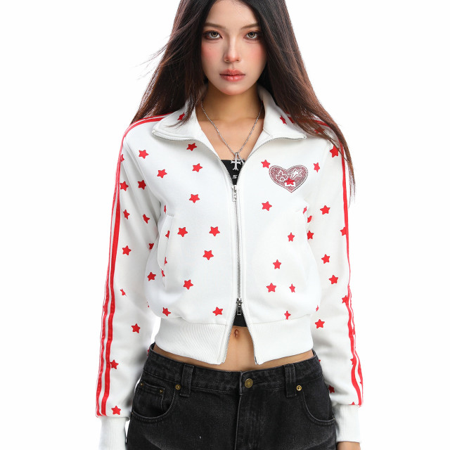 美式燙鉆星星杠條立領衛衣女秋季設計感顯瘦短款拉鏈外套