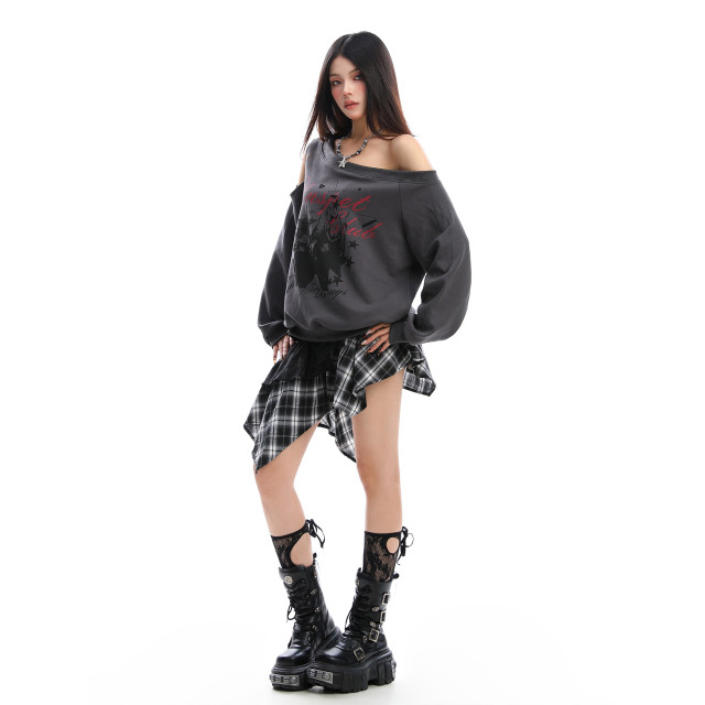 輕亞風y2k塗鴉斜肩衛衣女秋季設計感露肩顯瘦寬松百搭上衣