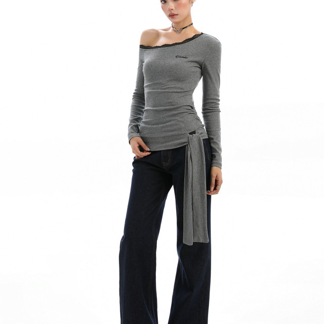 設計感蕾絲邊斜肩長袖T恤女秋季韓系系帶內搭打底衫上衣潮