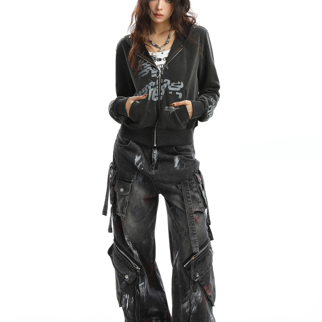 輕亞風柳釘塗鴉連帽衛衣女秋季朋克辣妹顯瘦拉鏈短款外套