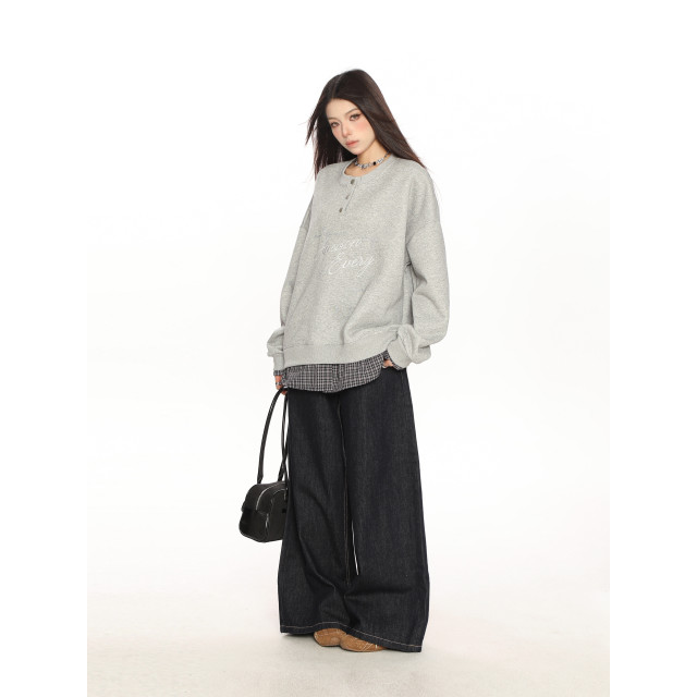 學院風假兩件拼接刺繡字母衛衣女春秋慵懶風休閑寬松上衣