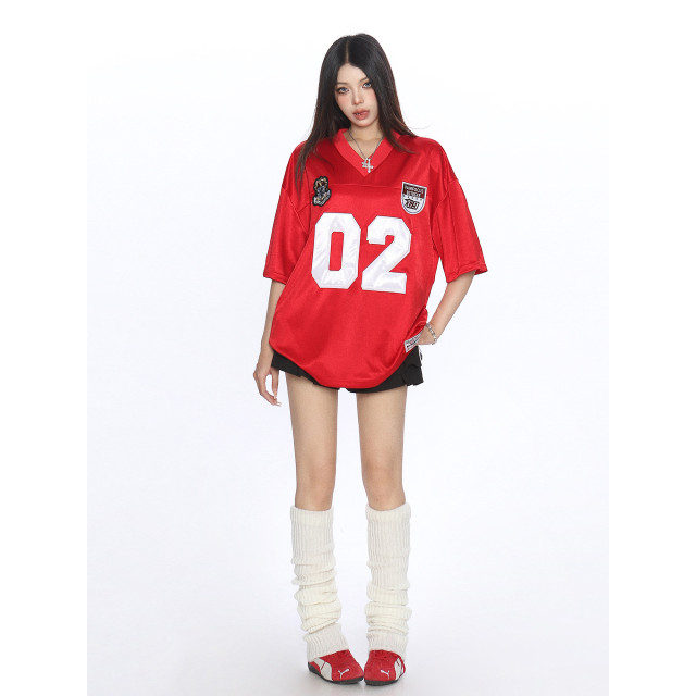 美式緞面字母v領短袖T恤女夏季運動風寬松休閑情侶球衣潮