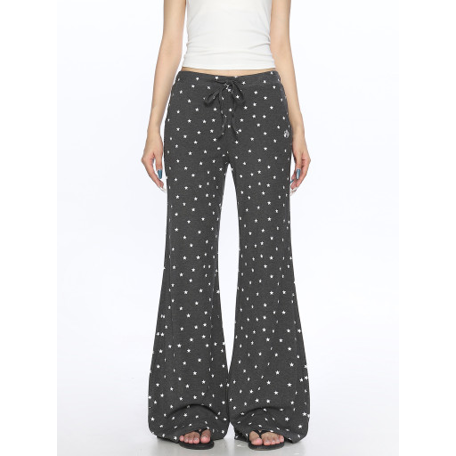 美式星星滿印微喇休閑褲女慵懶風百搭垂感拖地顯瘦長褲ins