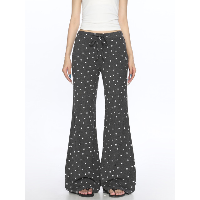 美式星星滿印微喇休閑褲女慵懶風百搭垂感拖地顯瘦長褲ins