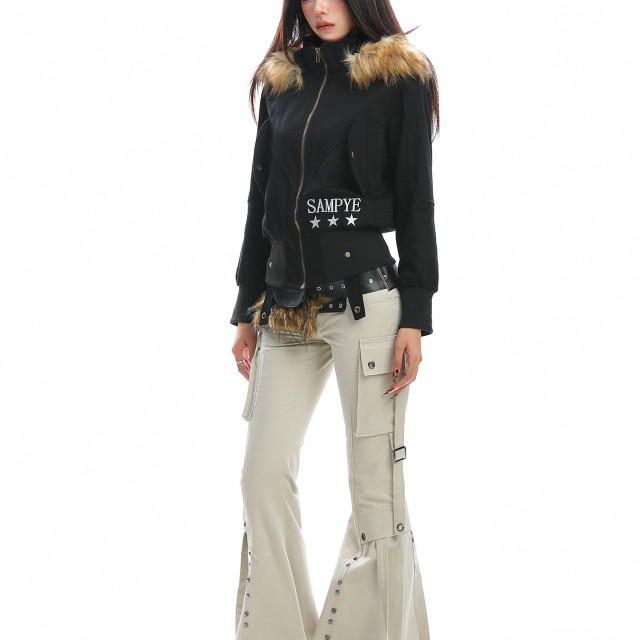 美式辣妹柳釘工裝微喇休閑褲女重工街頭修身顯瘦拖地長褲