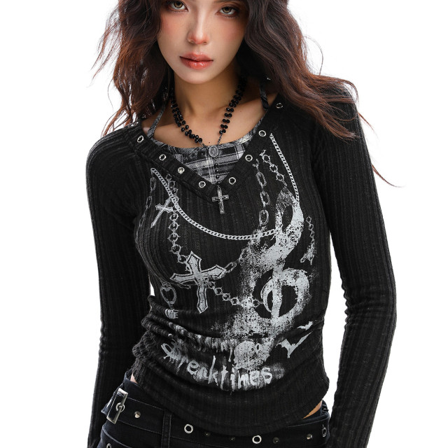 亞文化辣妹假兩件長袖薄款針織T恤女秋季收腰顯瘦上衣潮