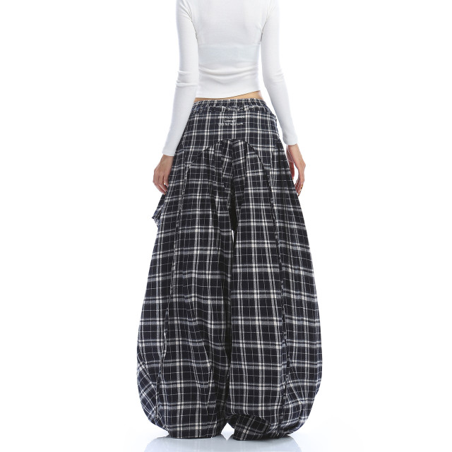 美式字母刺繡格子屁簾彎刀闊腿褲女休閑百搭闊腿拖地長褲