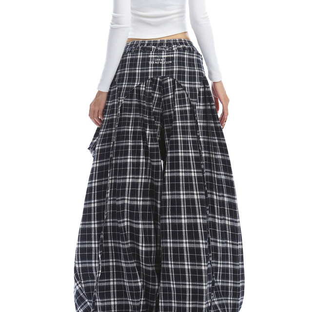 美式字母刺繡格子屁簾彎刀闊腿褲女休閑百搭闊腿拖地長褲