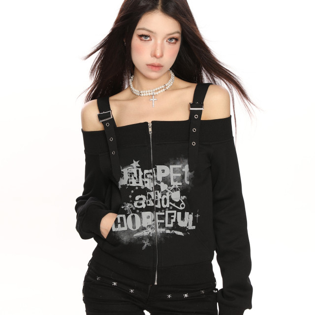 y2k朋克塗鴉吊帶一字肩衛衣女春秋修身顯瘦辣妹露肩上衣潮