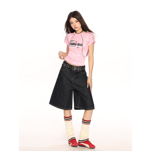 美式辣妹豎條紋插肩短袖T恤女夏季街頭休閑顯瘦短款上衣潮