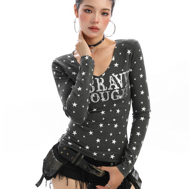 美式滿印星星v領長袖T恤女秋季辣妹顯瘦內搭打底衫上衣潮