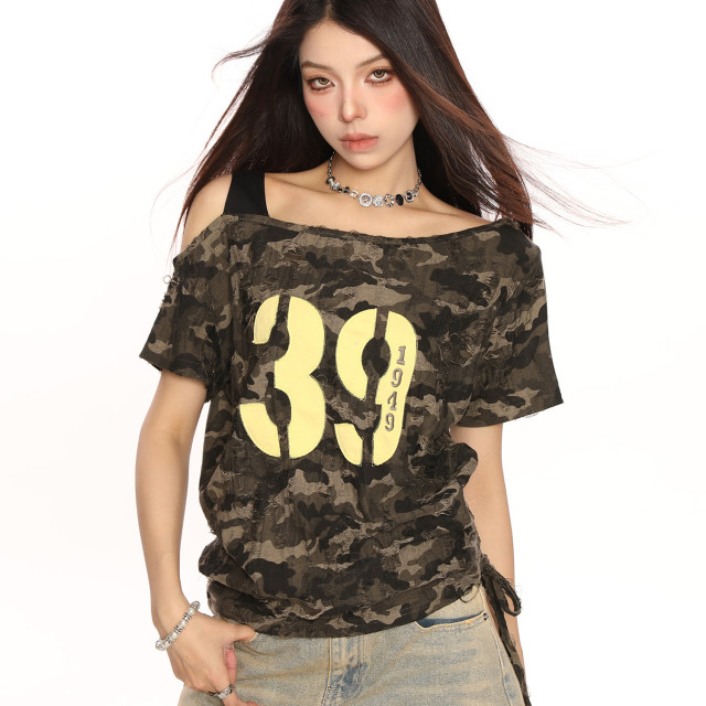 辣妹斜肩迷彩字母短袖T恤女夏季抽繩綁帶露肩顯瘦短款上衣