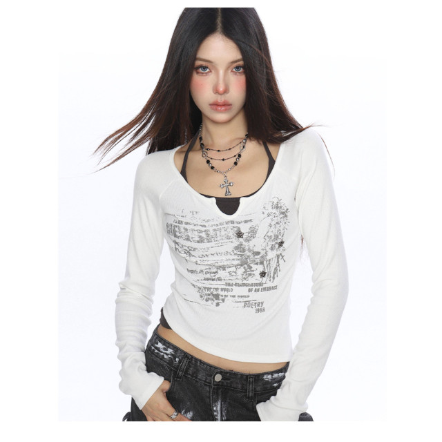 辣妹假兩件系帶塗鴉長袖T恤女秋季設計感顯瘦打底衫上衣潮