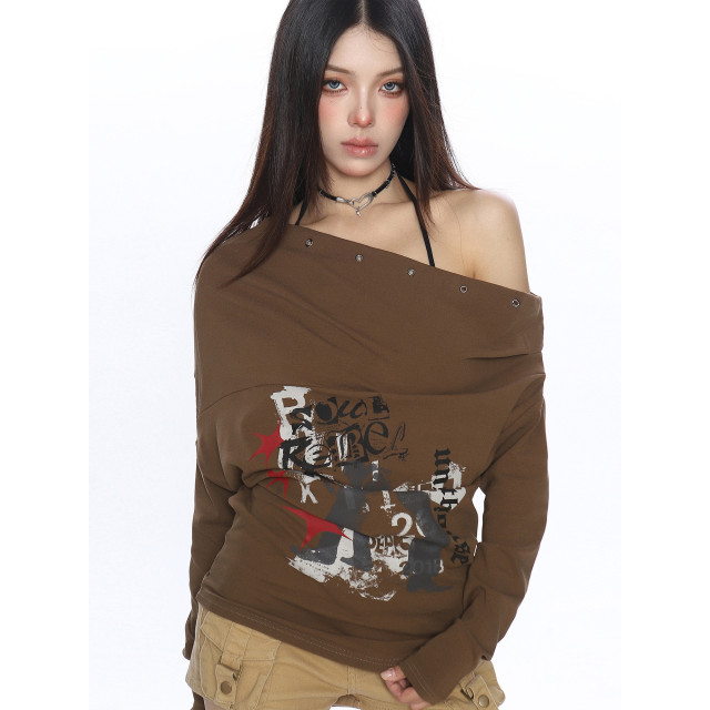 辣妹設計感塗鴉斜肩長袖T恤女秋季蝙蝠袖氣質顯瘦內搭上衣