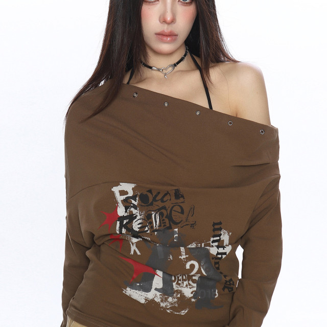 辣妹設計感塗鴉斜肩長袖T恤女秋季蝙蝠袖氣質顯瘦內搭上衣
