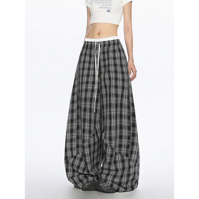 美式爵士舞雙腰頭休閑格子闊腿褲女松弛感直筒拖地長褲潮