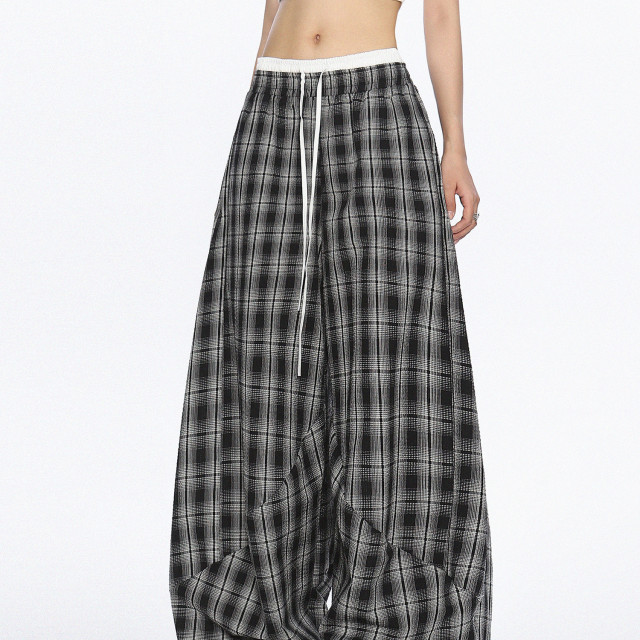 美式爵士舞雙腰頭休閑格子闊腿褲女松弛感直筒拖地長褲潮
