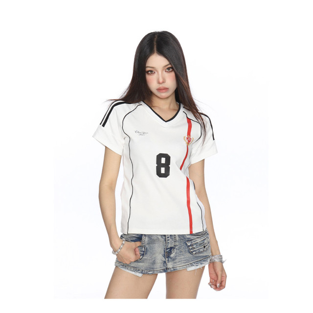 美式杠條正肩球衣短袖T恤女夏季澤西風v領運動辣妹上衣潮