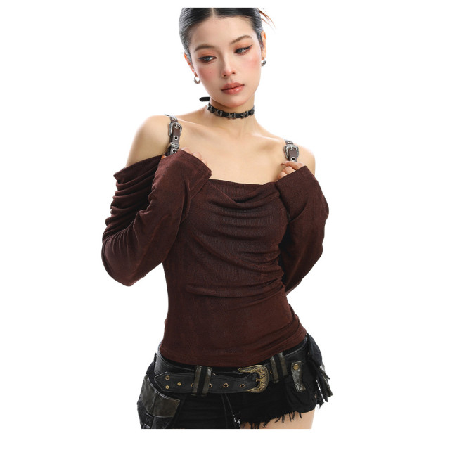 皮質肩帶蕩領一字肩長袖T恤女秋季辣妹純欲風顯瘦露肩上衣