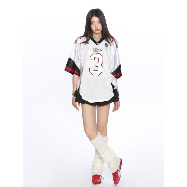 美式撞色字母v領短袖T恤女夏季澤西風休閑運動寬松球衣潮