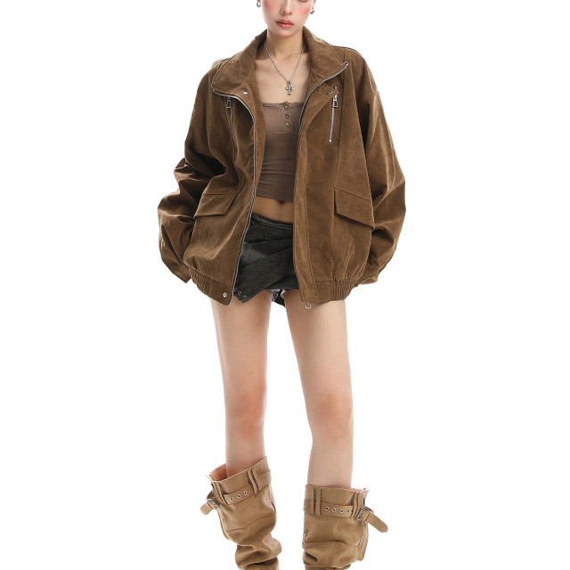 美式美拉德立領麂皮絨工裝外套女秋冬夾棉厚寬松棉服夾克