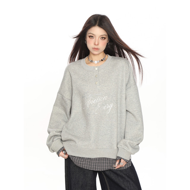 學院風假兩件拼接刺繡字母衛衣女春秋慵懶風休閑寬松上衣