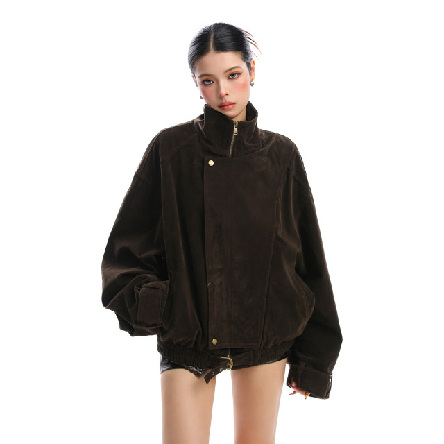 美式麂皮絨解構立領工裝外套女秋冬美拉德老錢拉鏈夾克潮