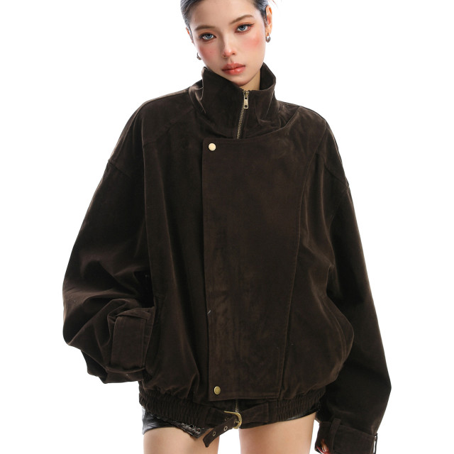 美式麂皮絨解構立領工裝外套女秋冬美拉德老錢拉鏈夾克潮