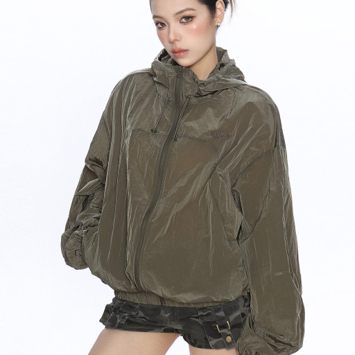 美式設計感連帽薄款透氣防曬衣女夏季戶外防風工裝外套潮