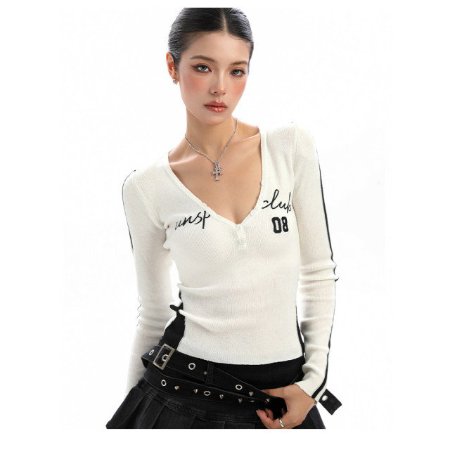 美式杠條紋v領針織毛衣女秋冬運動風顯瘦內搭打底衫上衣潮