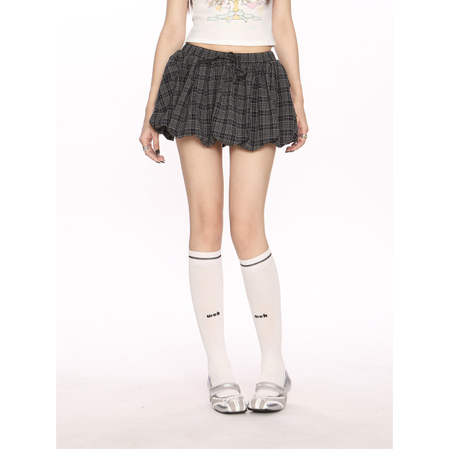 少女風花苞裙口袋格子蓬蓬裙短裙女芭蕾風a字顯瘦半身裙潮