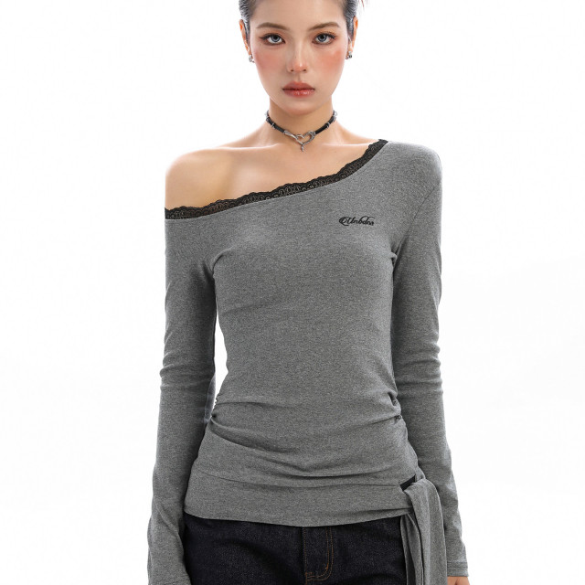 設計感蕾絲邊斜肩長袖T恤女秋季韓系系帶內搭打底衫上衣潮