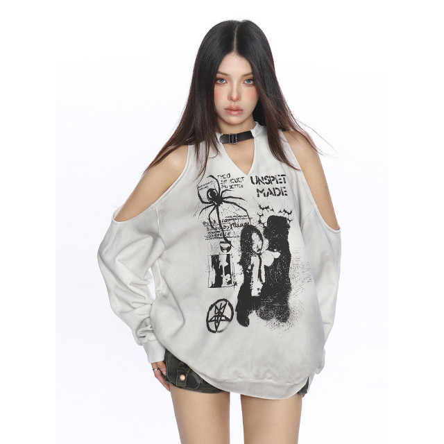 辣妹蜘蛛塗鴉露肩長袖衛衣女秋冬做舊設計感寬松加絨上衣