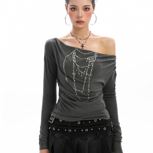 辣妹柳釘項鏈蕩領斜肩長袖T恤女秋季顯瘦一字肩內搭上衣潮